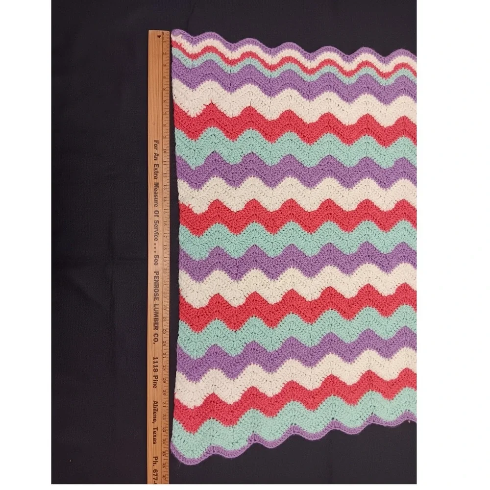 Handmade Crochet Chevron Baby Blanket Purple Teal Pink White Ripple Afghan 35x36